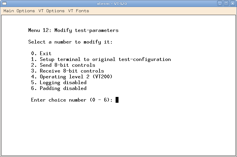 Menu for Modifying Test Parameters